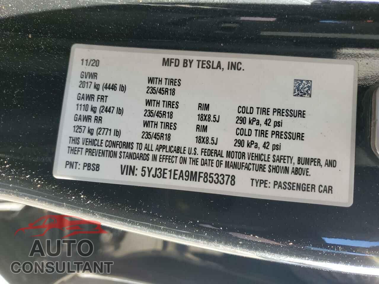 TESLA MODEL 3 2021 - 5YJ3E1EA9MF853378
