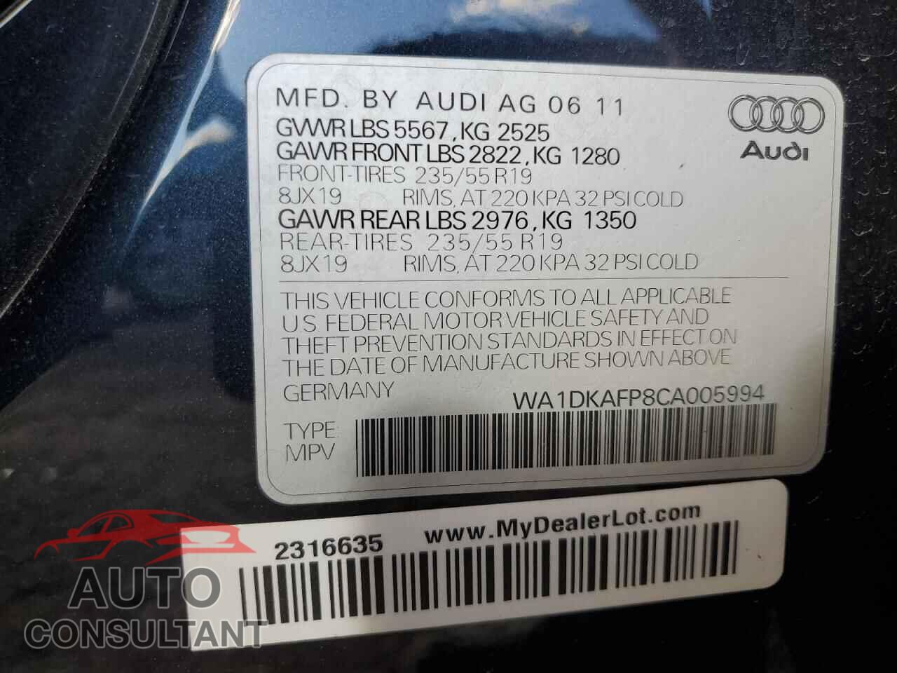 AUDI Q5 2012 - WA1DKAFP8CA005994