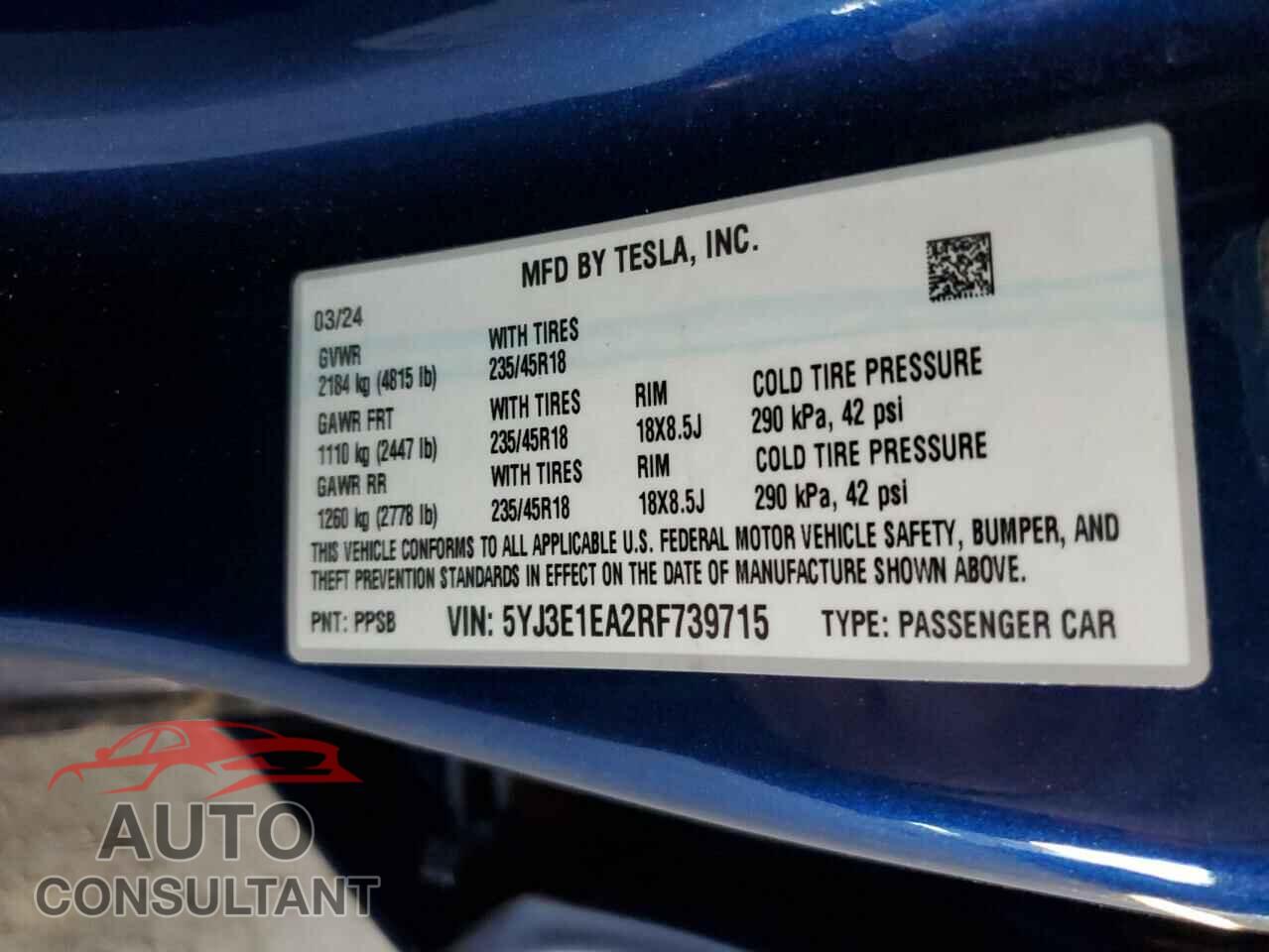 TESLA MODEL 3 2024 - 5YJ3E1EA2RF739715
