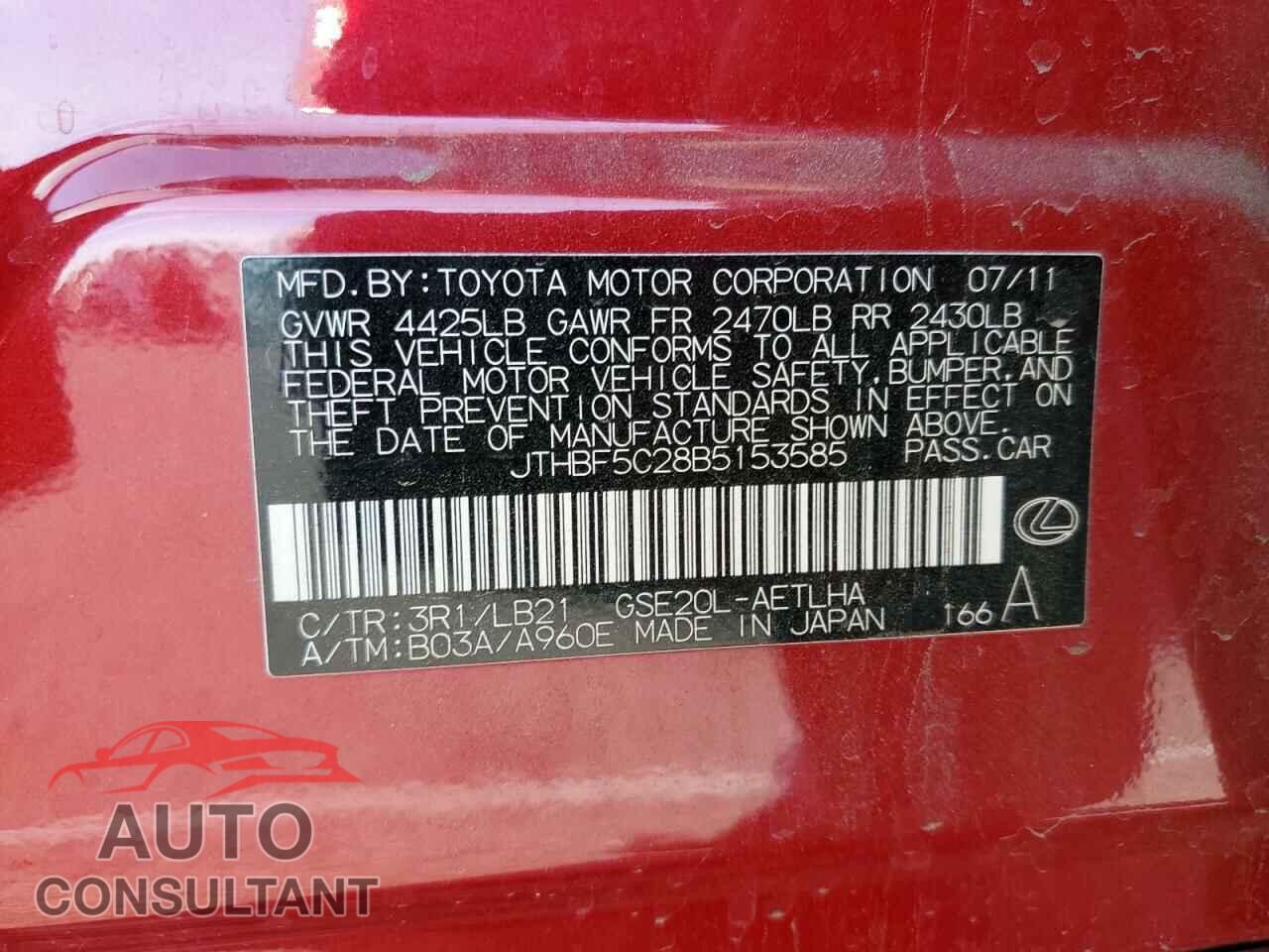 LEXUS IS 2011 - JTHBF5C28B5153585