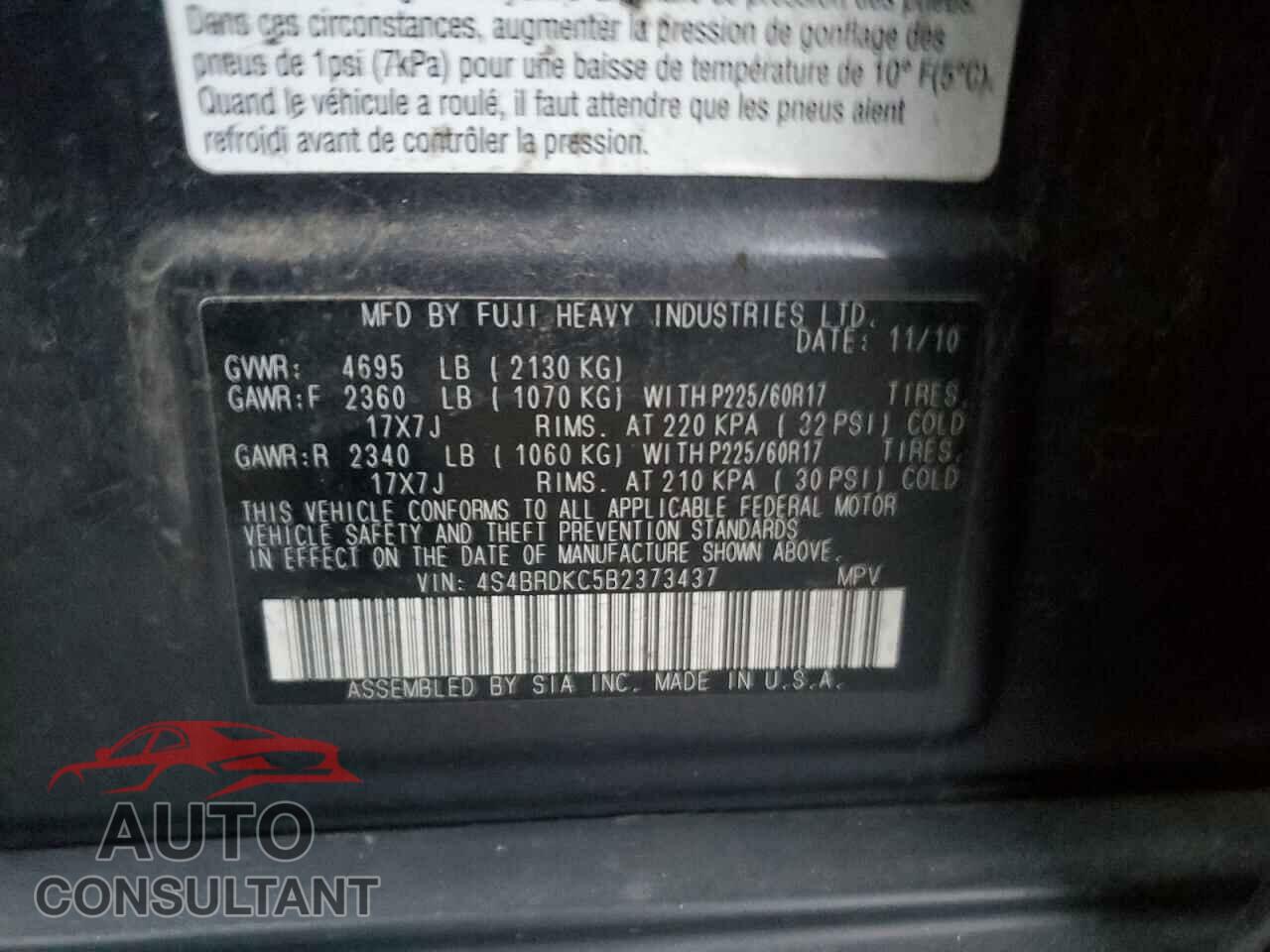 SUBARU OUTBACK 2011 - 4S4BRDKC5B2373437