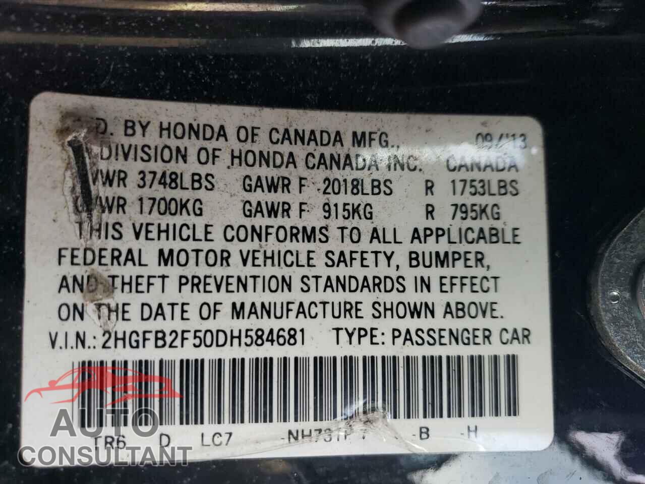 HONDA CIVIC 2013 - 2HGFB2F50DH584681