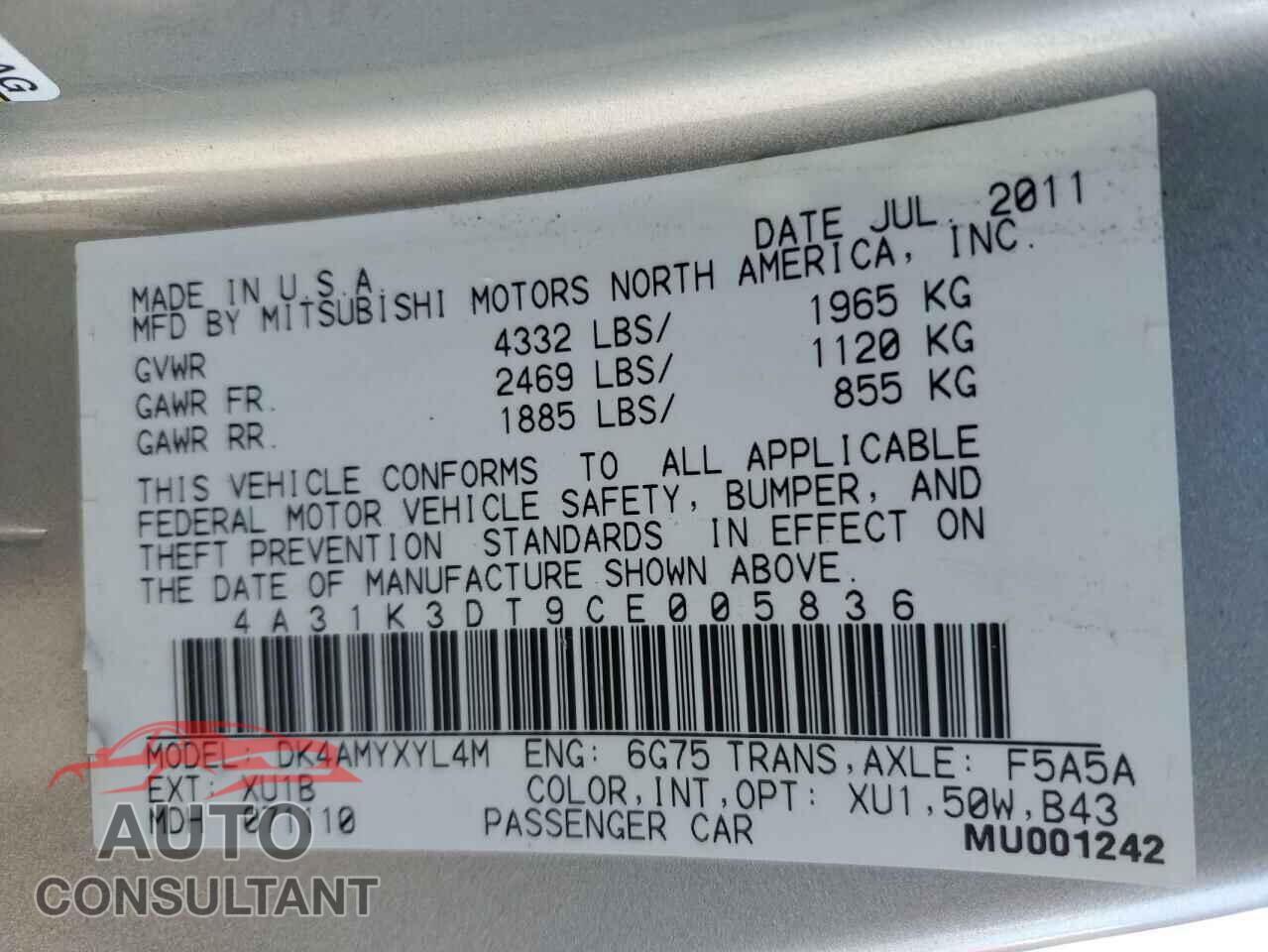 MITSUBISHI ECLIPSE 2012 - 4A31K3DT9CE005836