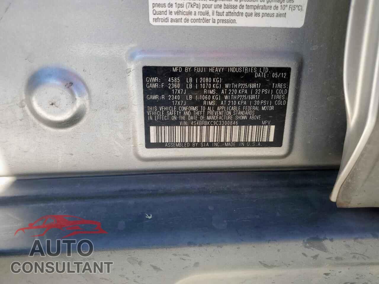 SUBARU OUTBACK 2012 - 4S4BRBKC9C3300846