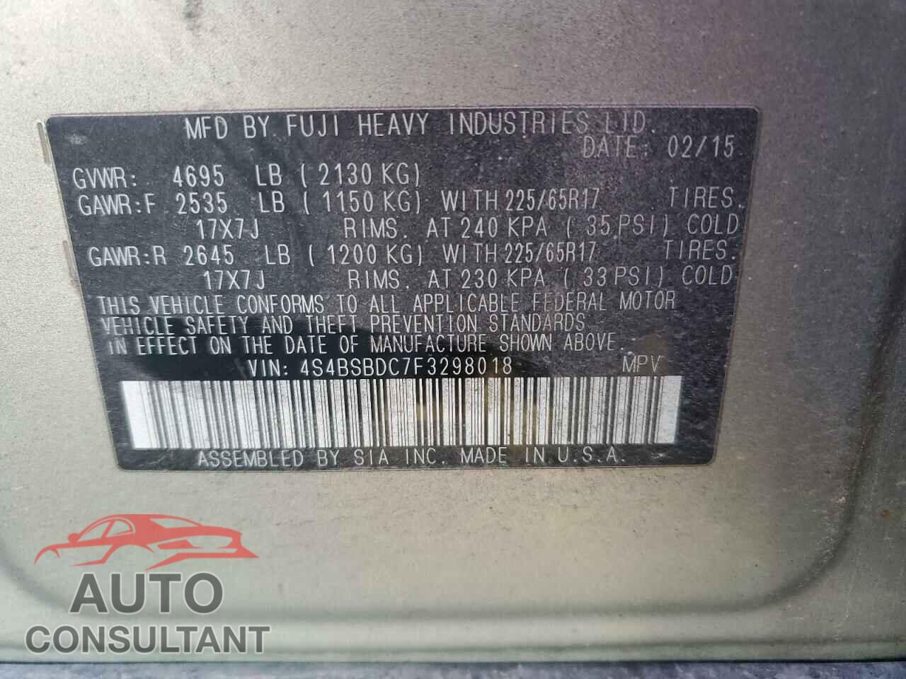 SUBARU OUTBACK 2015 - 4S4BSBDC7F3298018