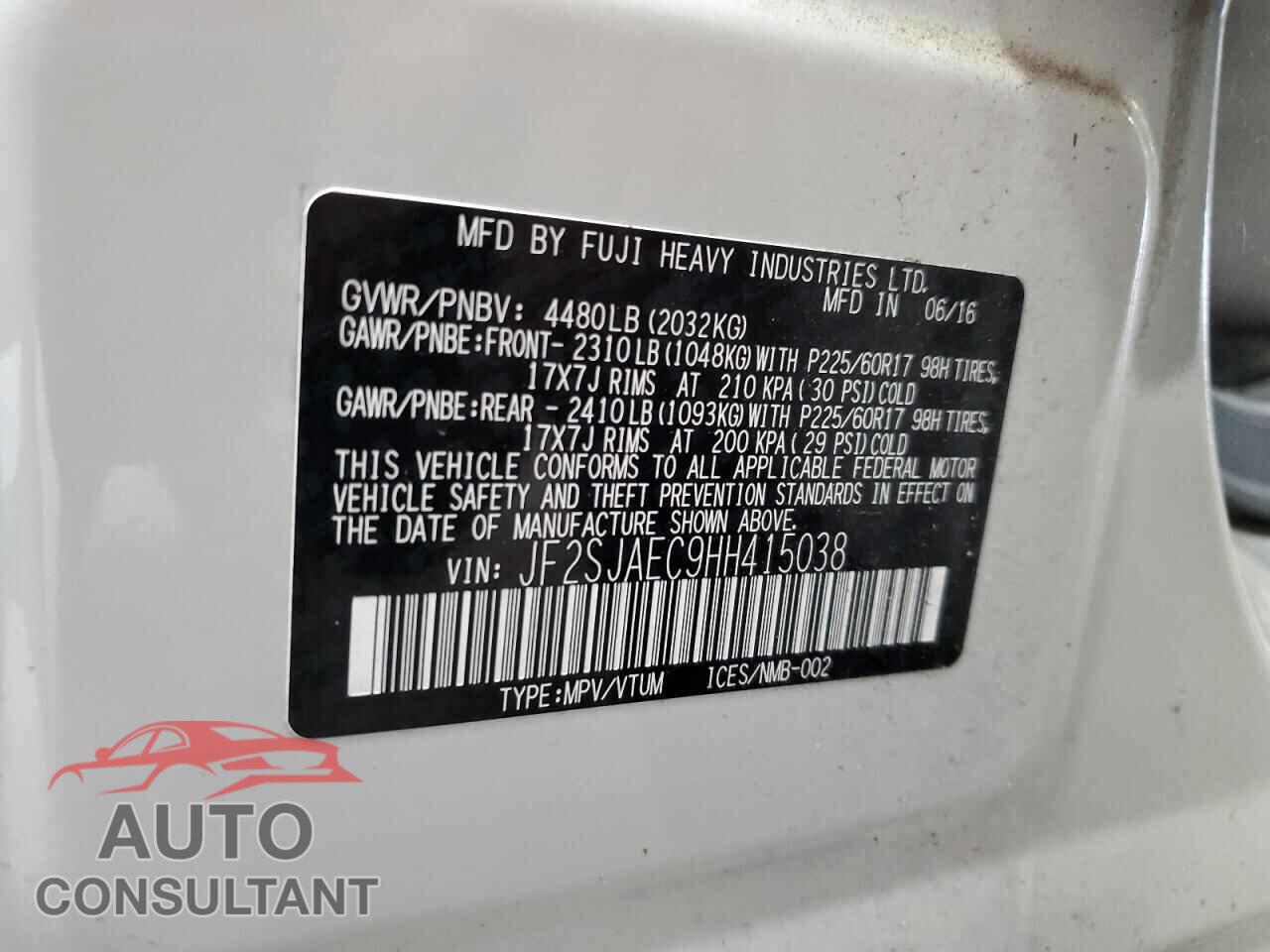 SUBARU FORESTER 2017 - JF2SJAEC9HH415038