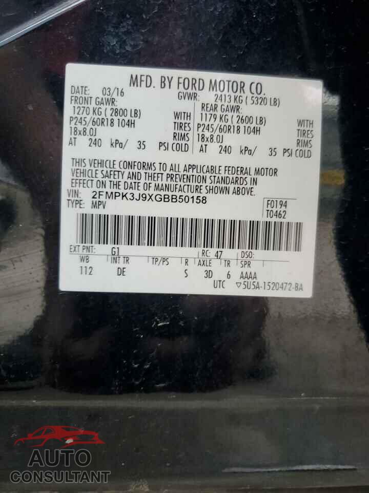 FORD EDGE 2016 - 2FMPK3J9XGBB50158