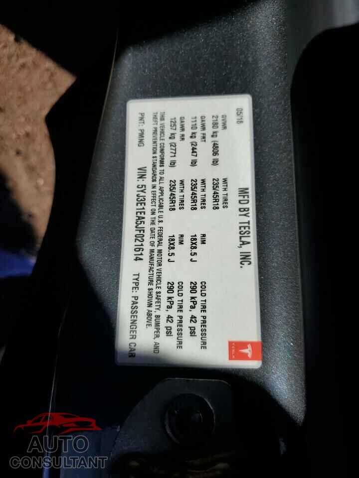 TESLA MODEL 3 2018 - 5YJ3E1EA5JF021614