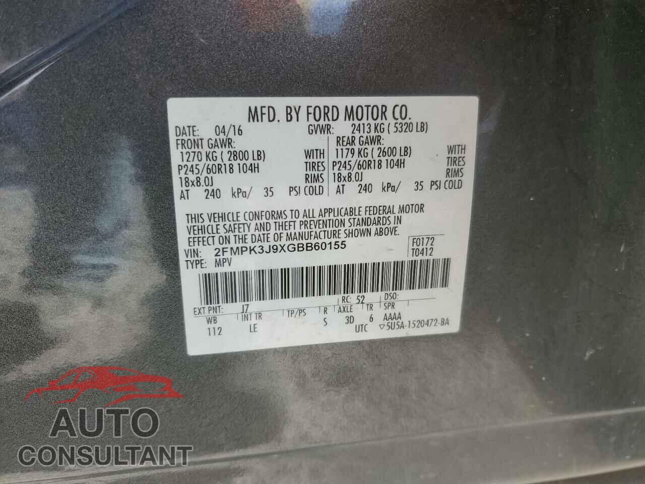 FORD EDGE 2016 - 2FMPK3J9XGBB60155