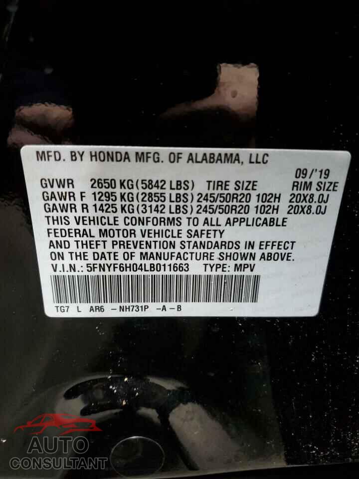 HONDA PILOT 2020 - 5FNYF6H04LB011663