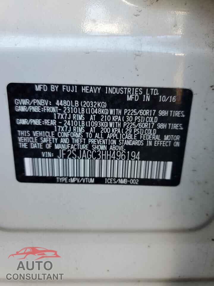 SUBARU FORESTER 2017 - JF2SJAGC3HH496194
