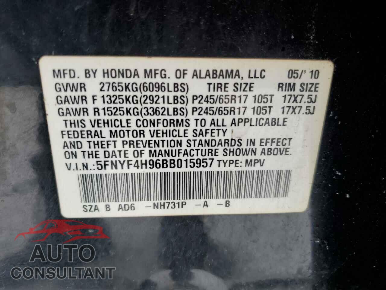 HONDA PILOT 2011 - 5FNYF4H96BB015957