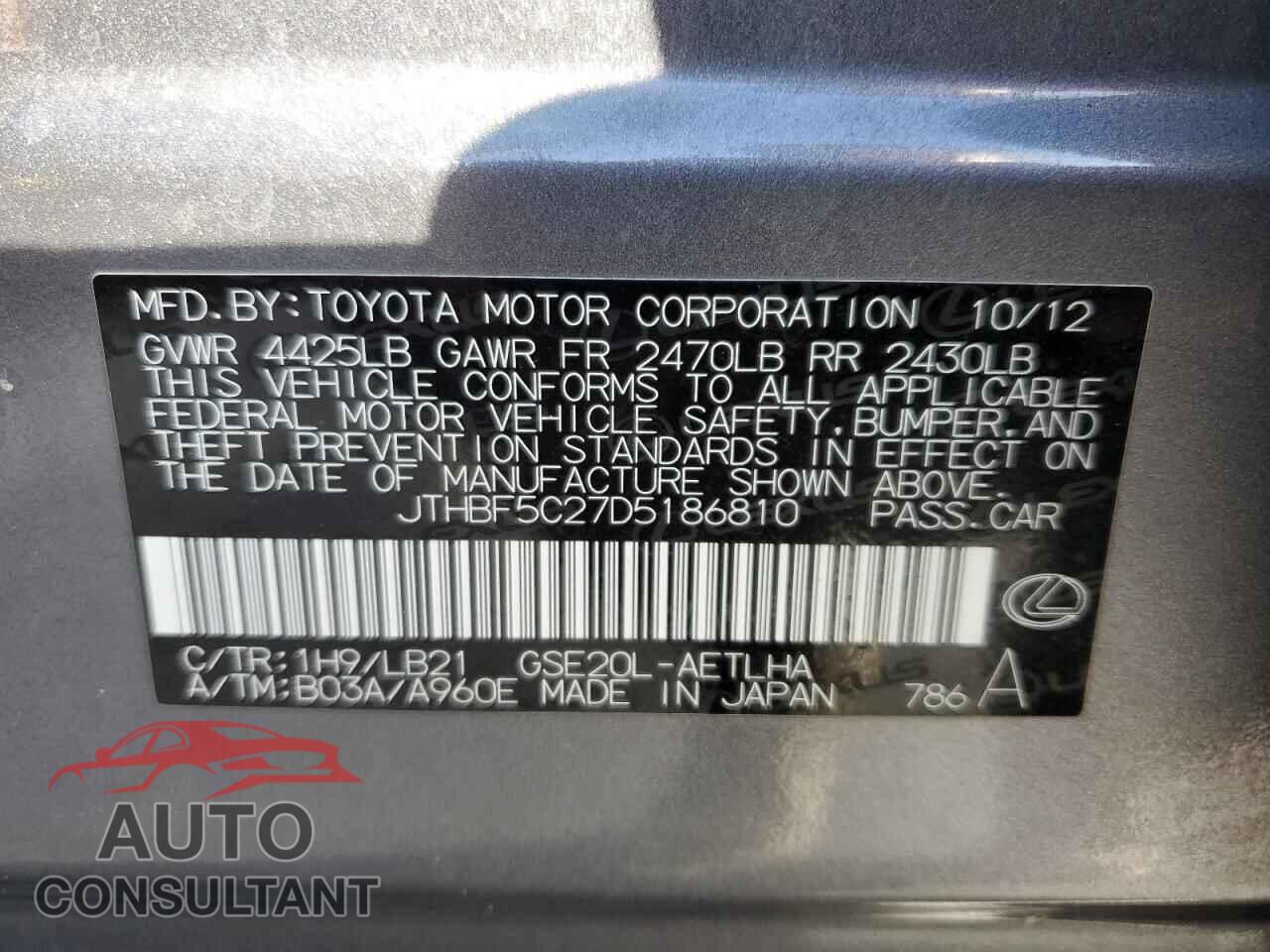 LEXUS IS 2013 - JTHBF5C27D5186810