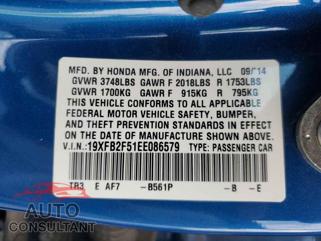 HONDA CIVIC 2014 - 19XFB2F51EE086579