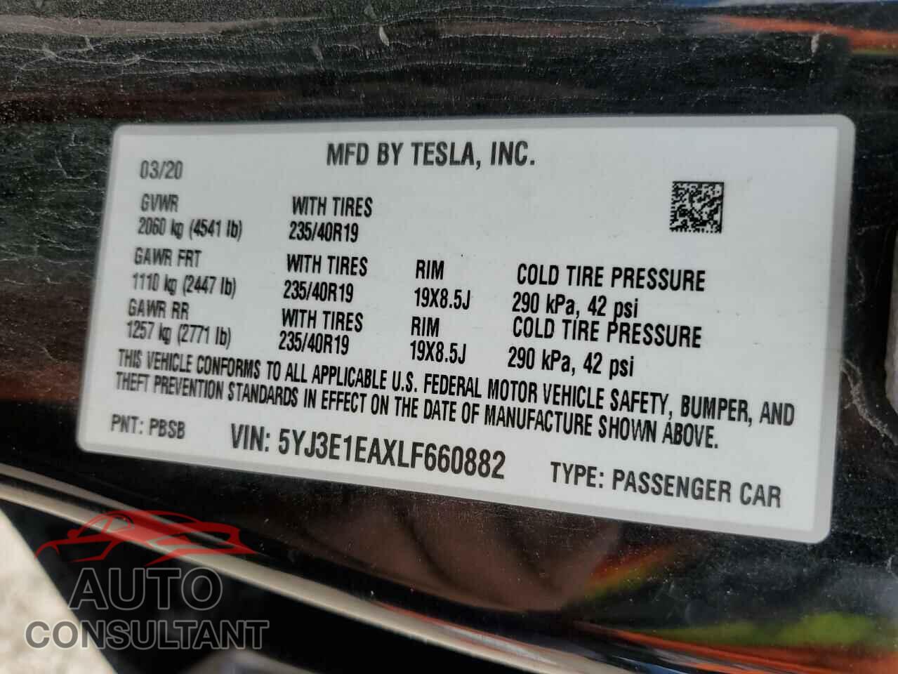 TESLA MODEL 3 2020 - 5YJ3E1EAXLF660882