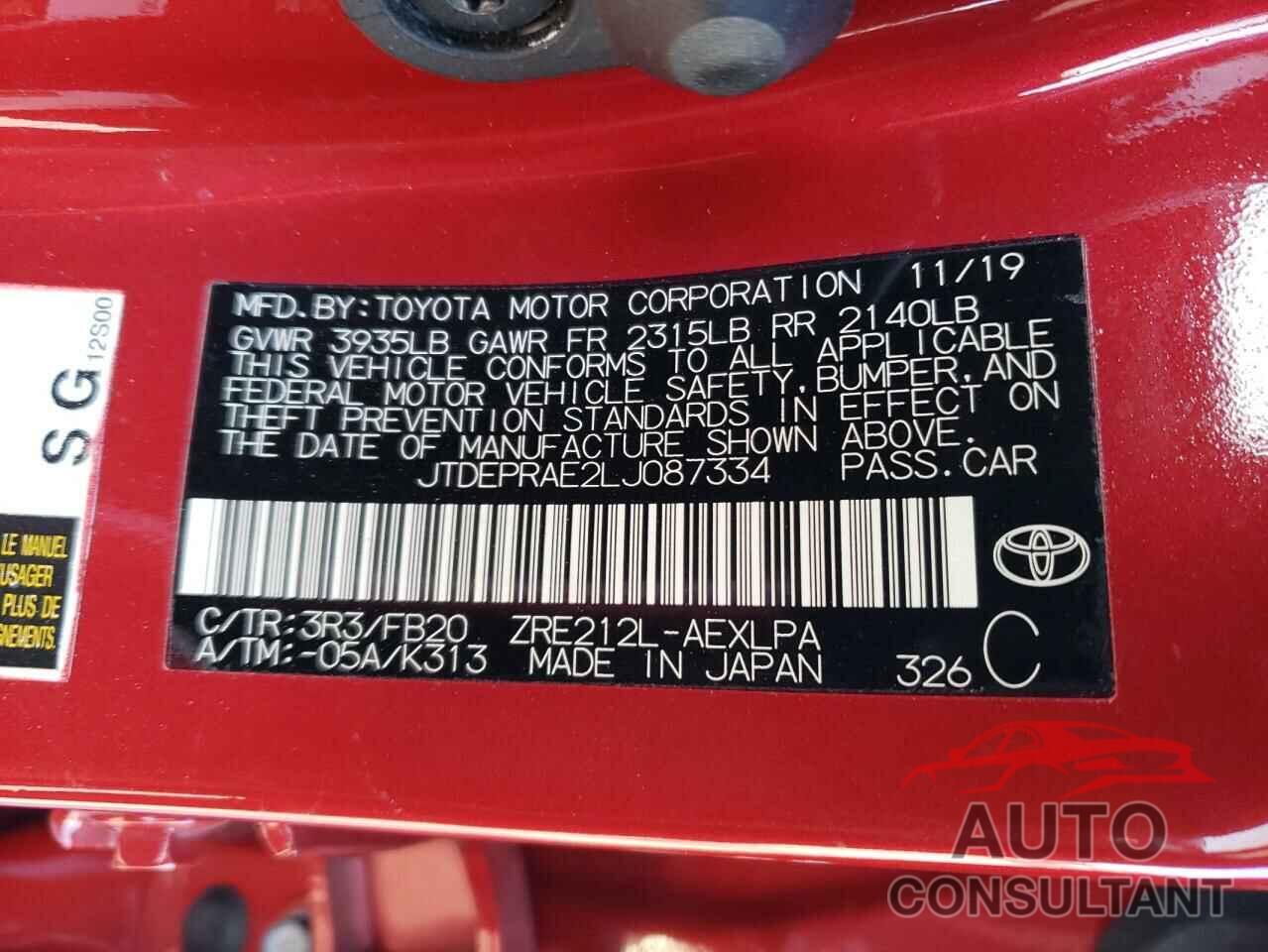 TOYOTA COROLLA 2020 - JTDEPRAE2LJ087334