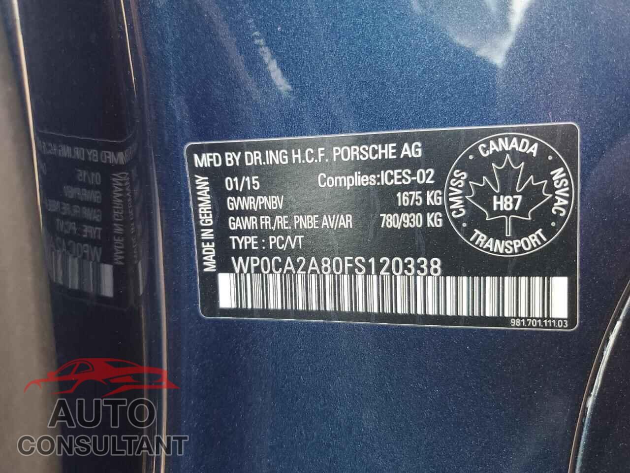 PORSCHE BOXSTER 2015 - WP0CA2A80FS120338