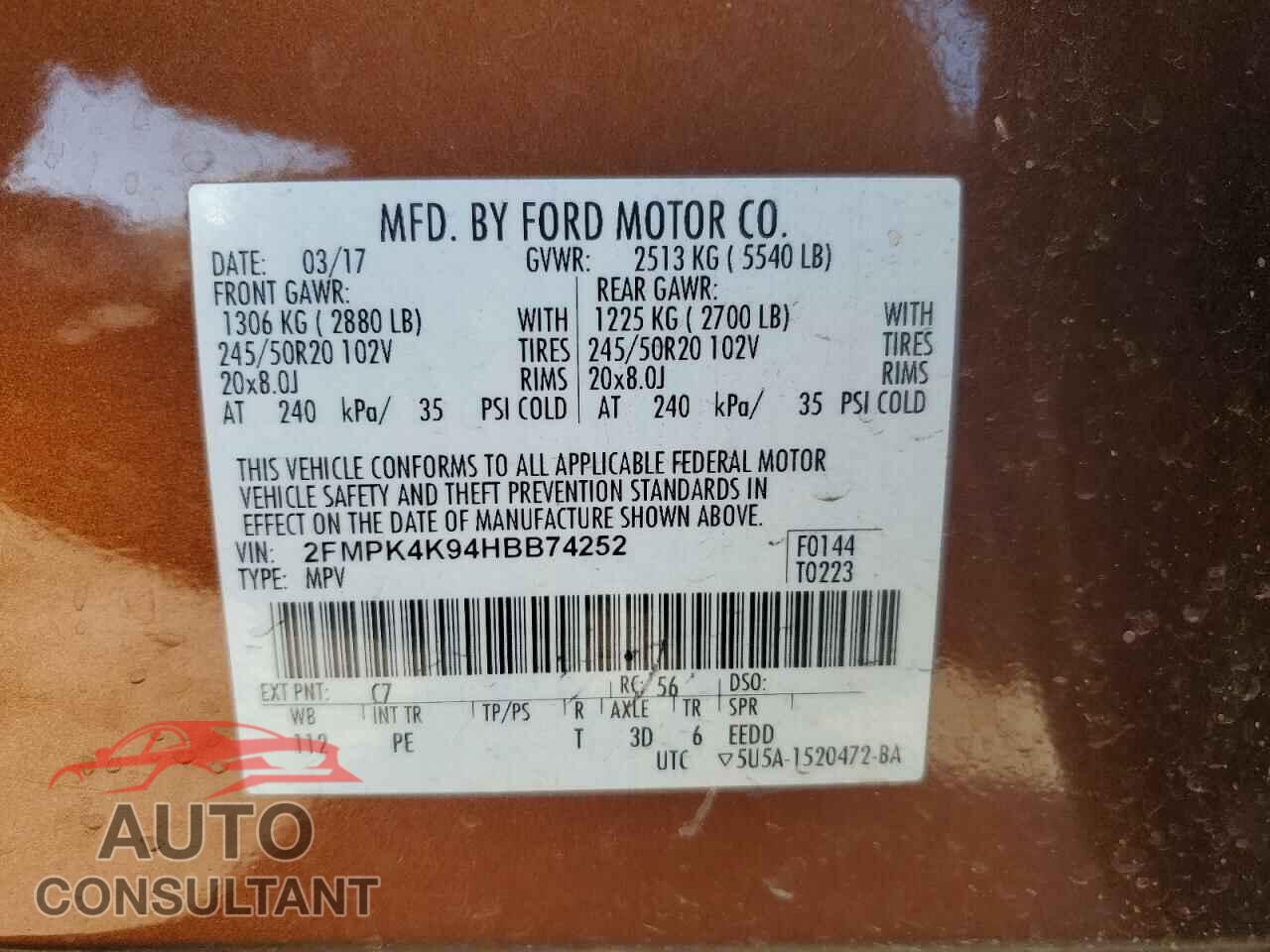 FORD EDGE 2017 - 2FMPK4K94HBB74252