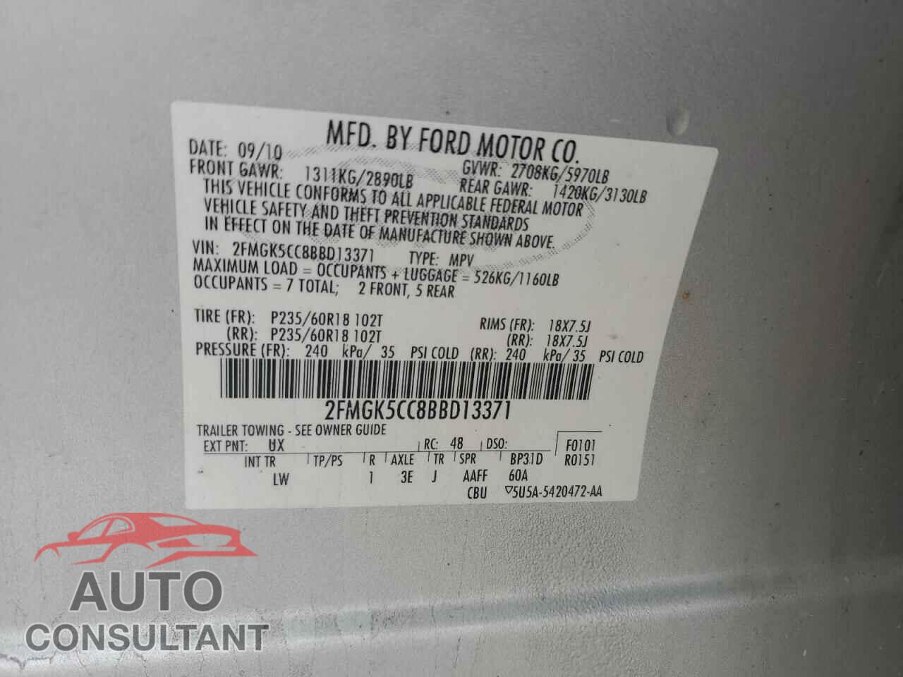 FORD FLEX 2011 - 2FMGK5CC8BBD13371