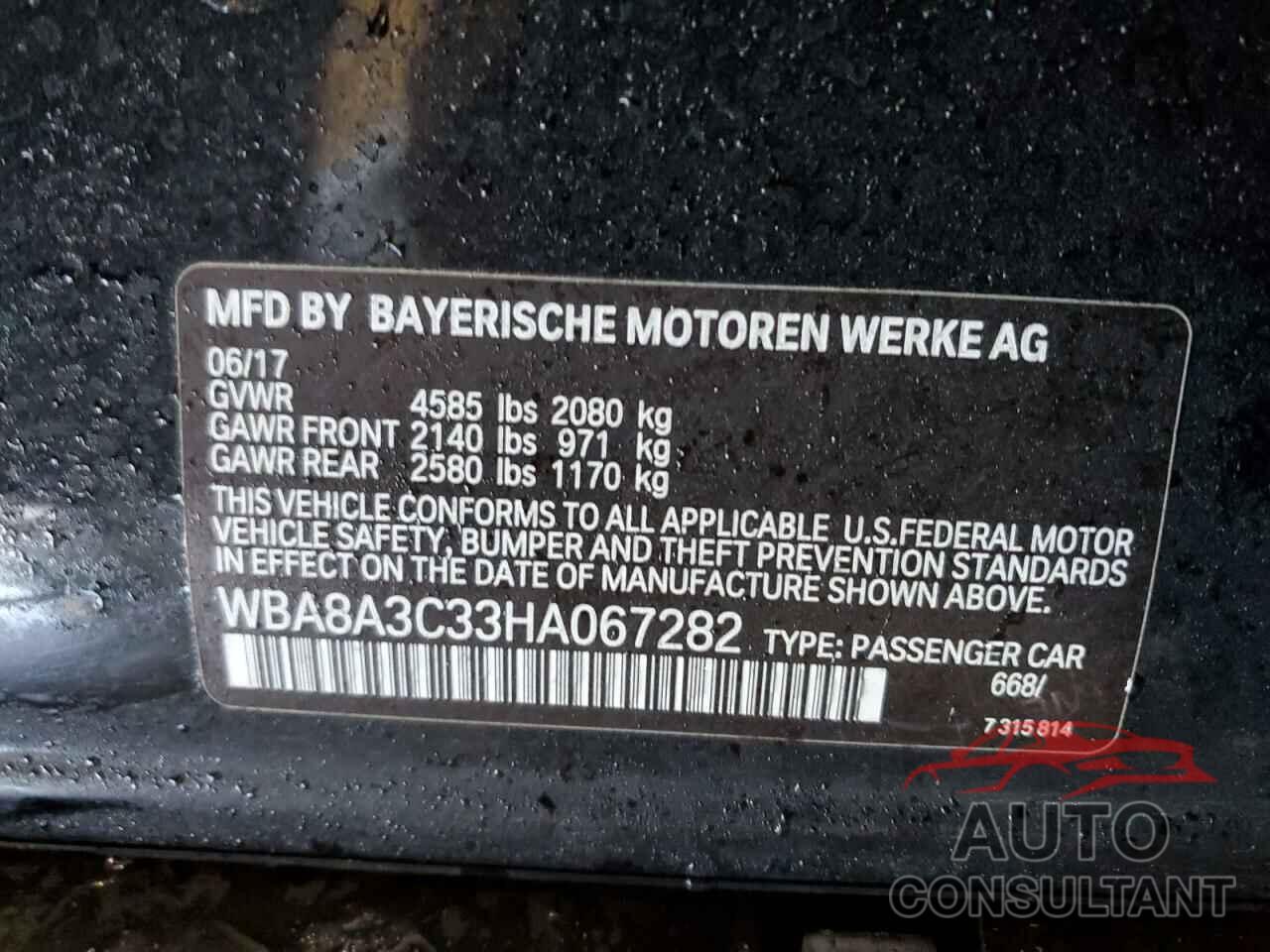 BMW 3 SERIES 2017 - WBA8A3C33HA067282