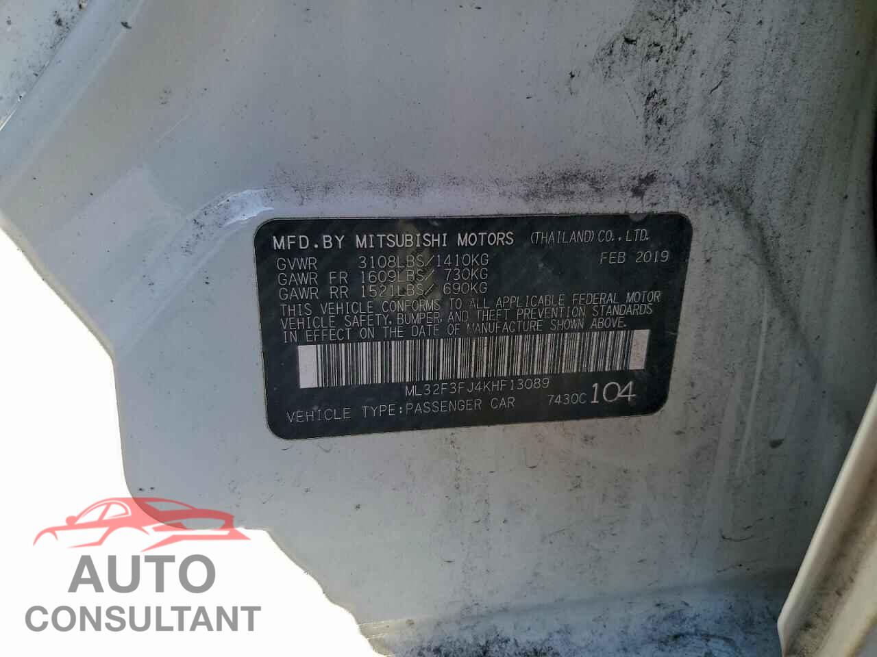 MITSUBISHI MIRAGE 2019 - ML32F3FJ4KHF13089