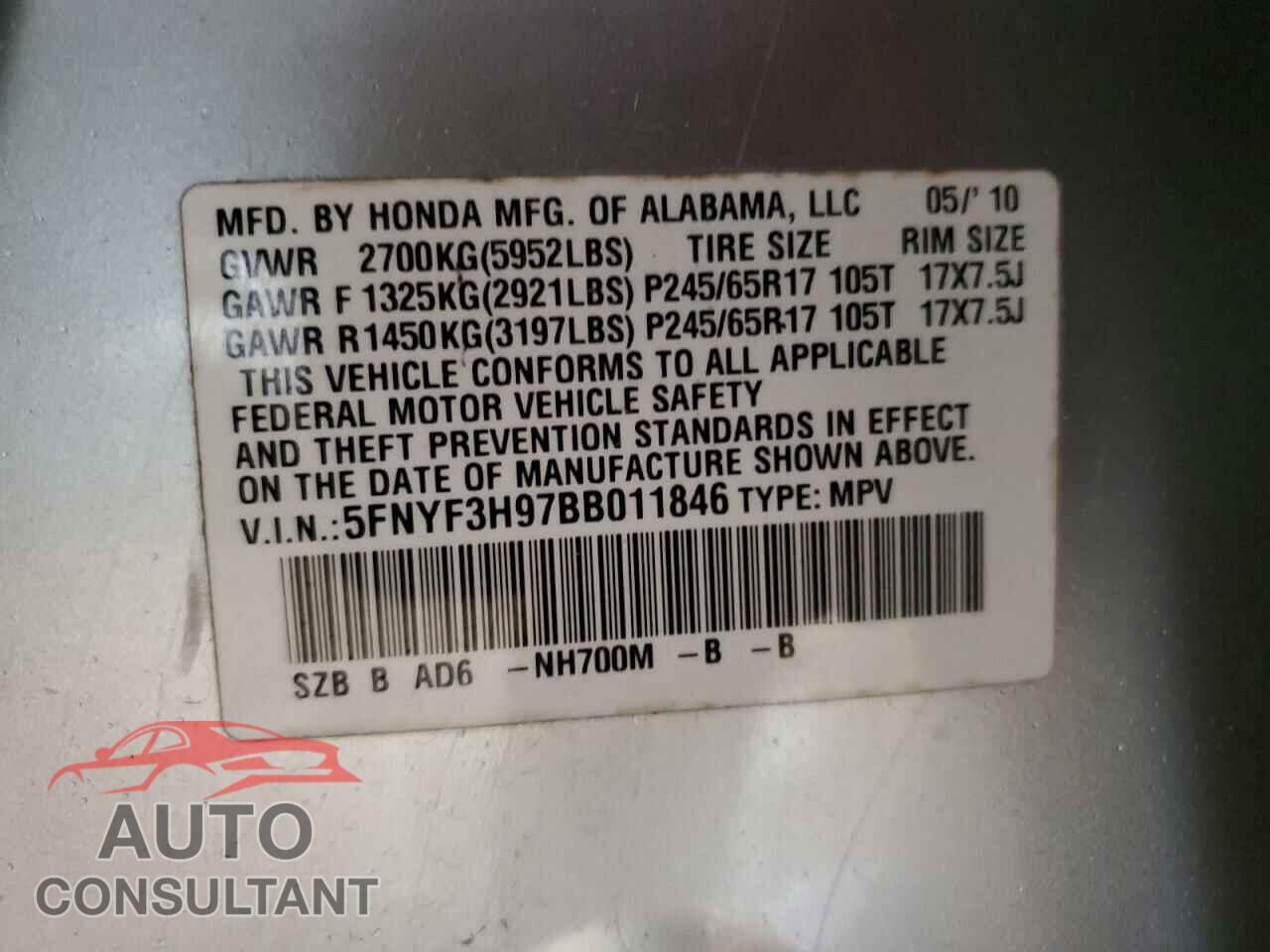 HONDA PILOT 2011 - 5FNYF3H97BB011846