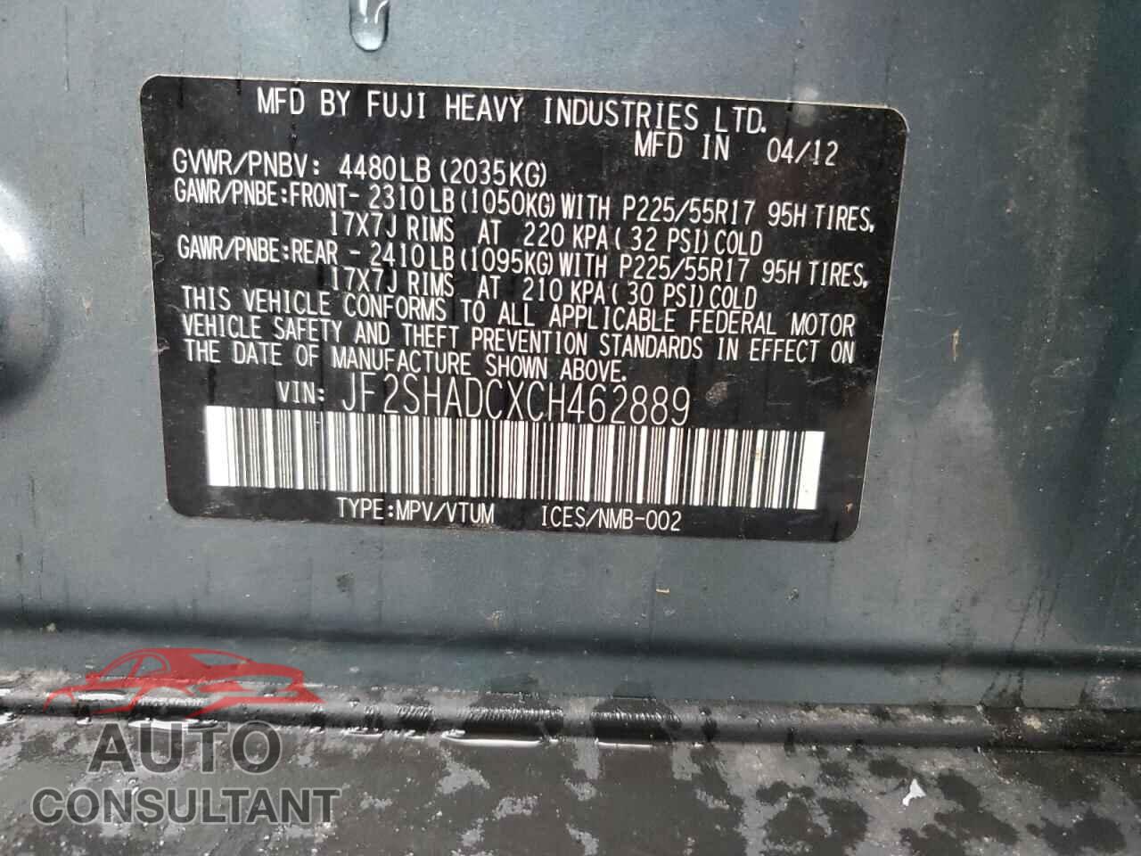SUBARU FORESTER 2012 - JF2SHADCXCH462889