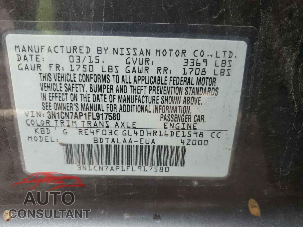 NISSAN VERSA 2015 - 3N1CN7AP1FL917580