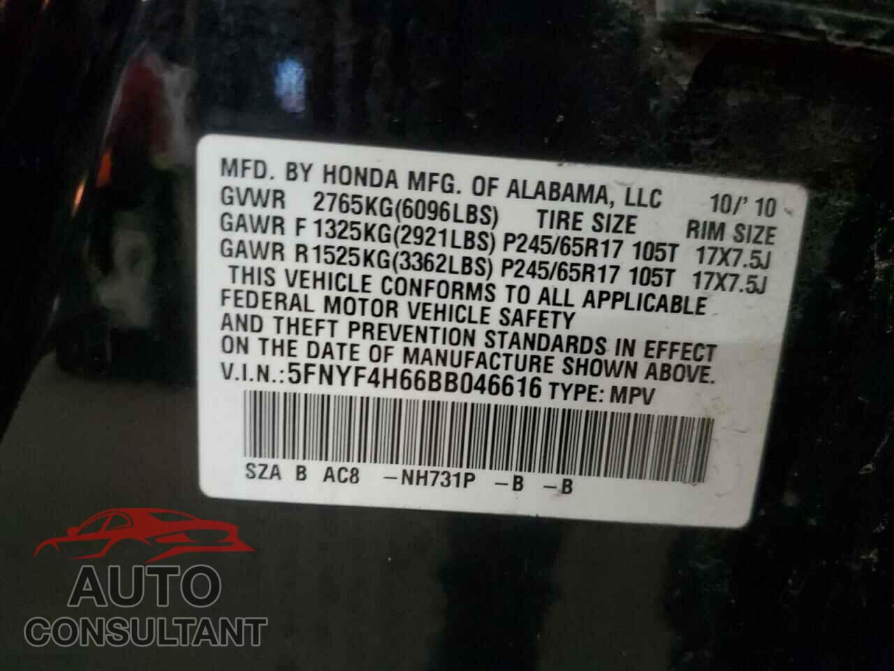 HONDA PILOT 2011 - 5FNYF4H66BB046616