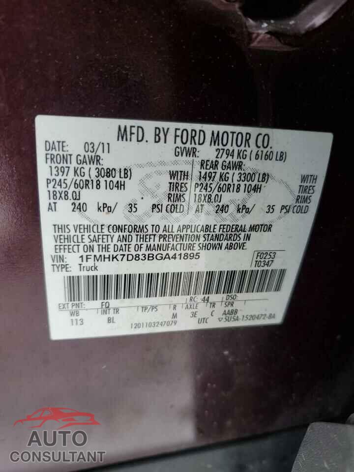 FORD EXPLORER 2011 - 1FMHK7D83BGA41895