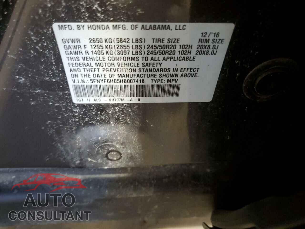 HONDA PILOT 2017 - 5FNYF6H05HB007418