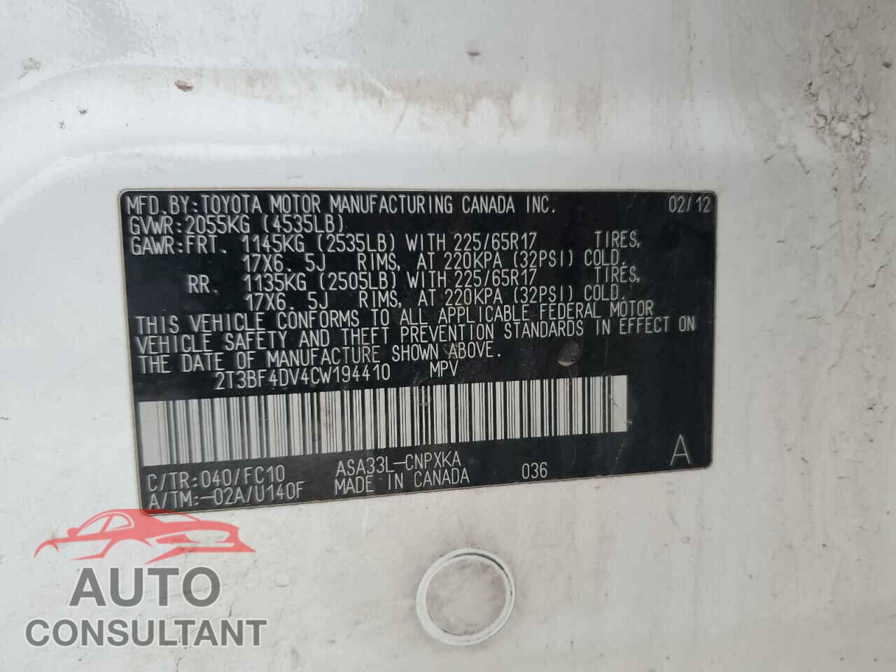 TOYOTA RAV4 2012 - 2T3BF4DV4CW194410