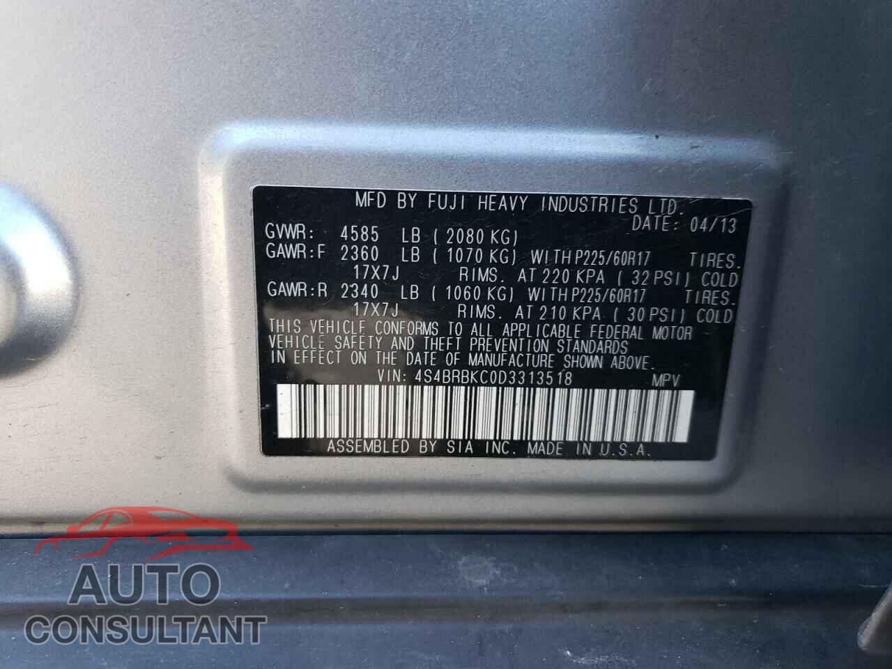 SUBARU OUTBACK 2013 - 4S4BRBKC0D3313518