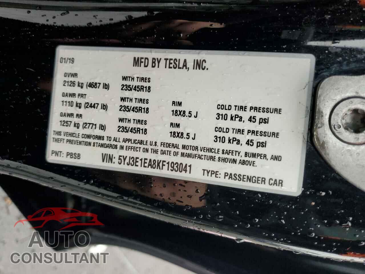 TESLA MODEL 3 2019 - 5YJ3E1EA8KF193041
