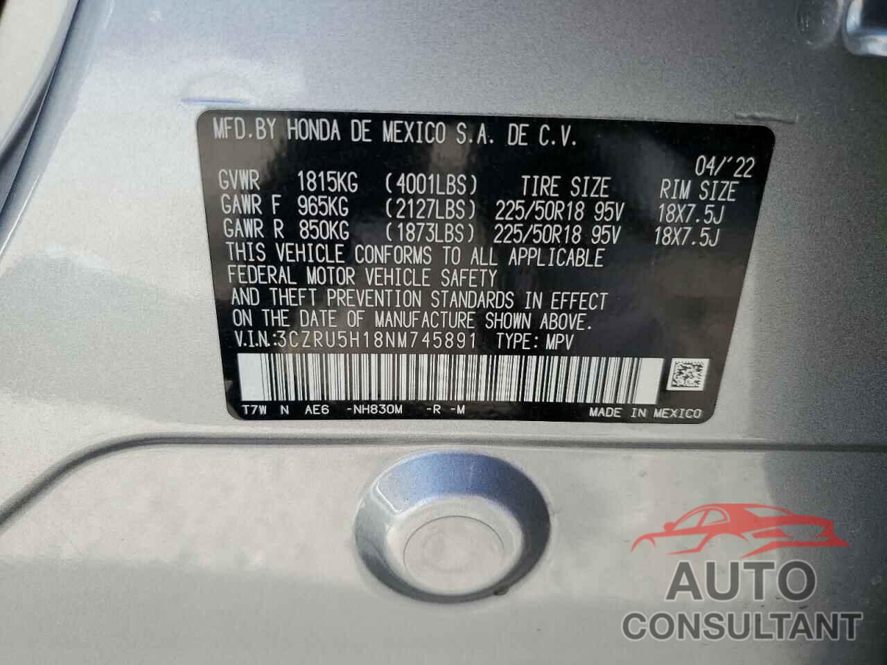 HONDA HR-V 2022 - 3CZRU5H18NM745891