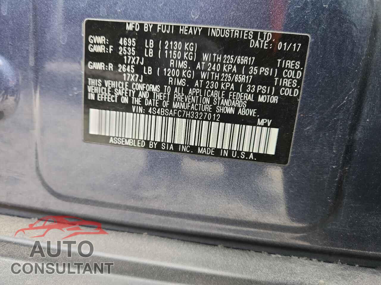 SUBARU OUTBACK 2017 - 4S4BSAFC7H3327012