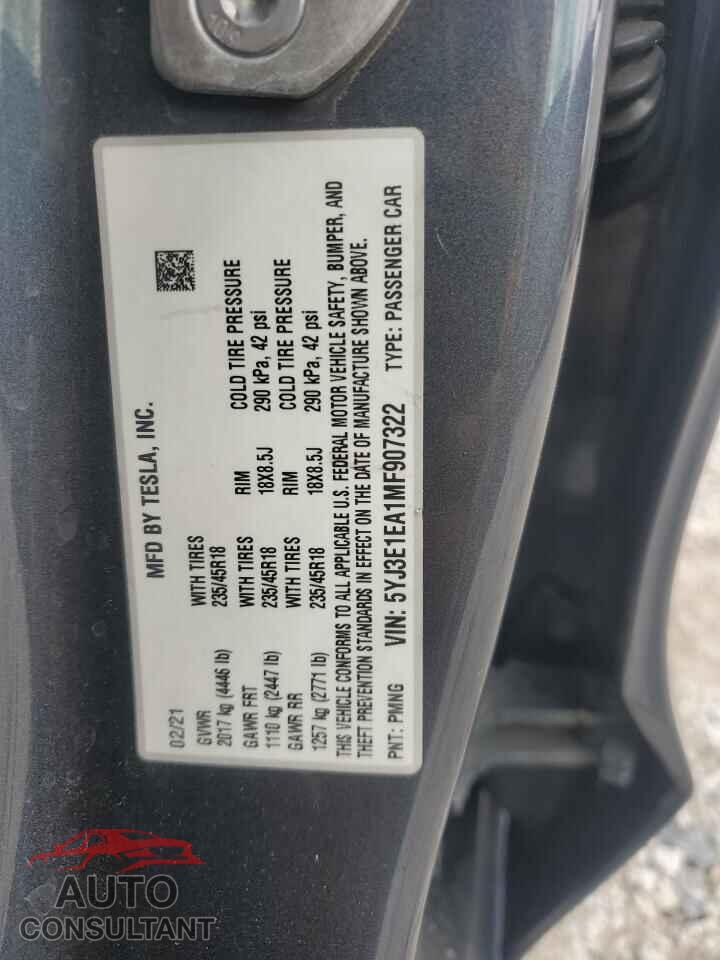 TESLA MODEL 3 2021 - 5YJ3E1EA1MF907322