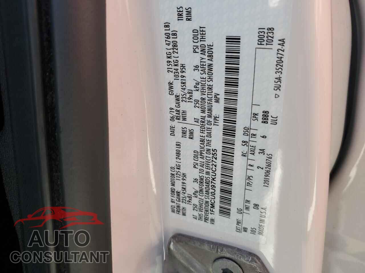 FORD ESCAPE 2019 - 1FMCU0J97KUC27255