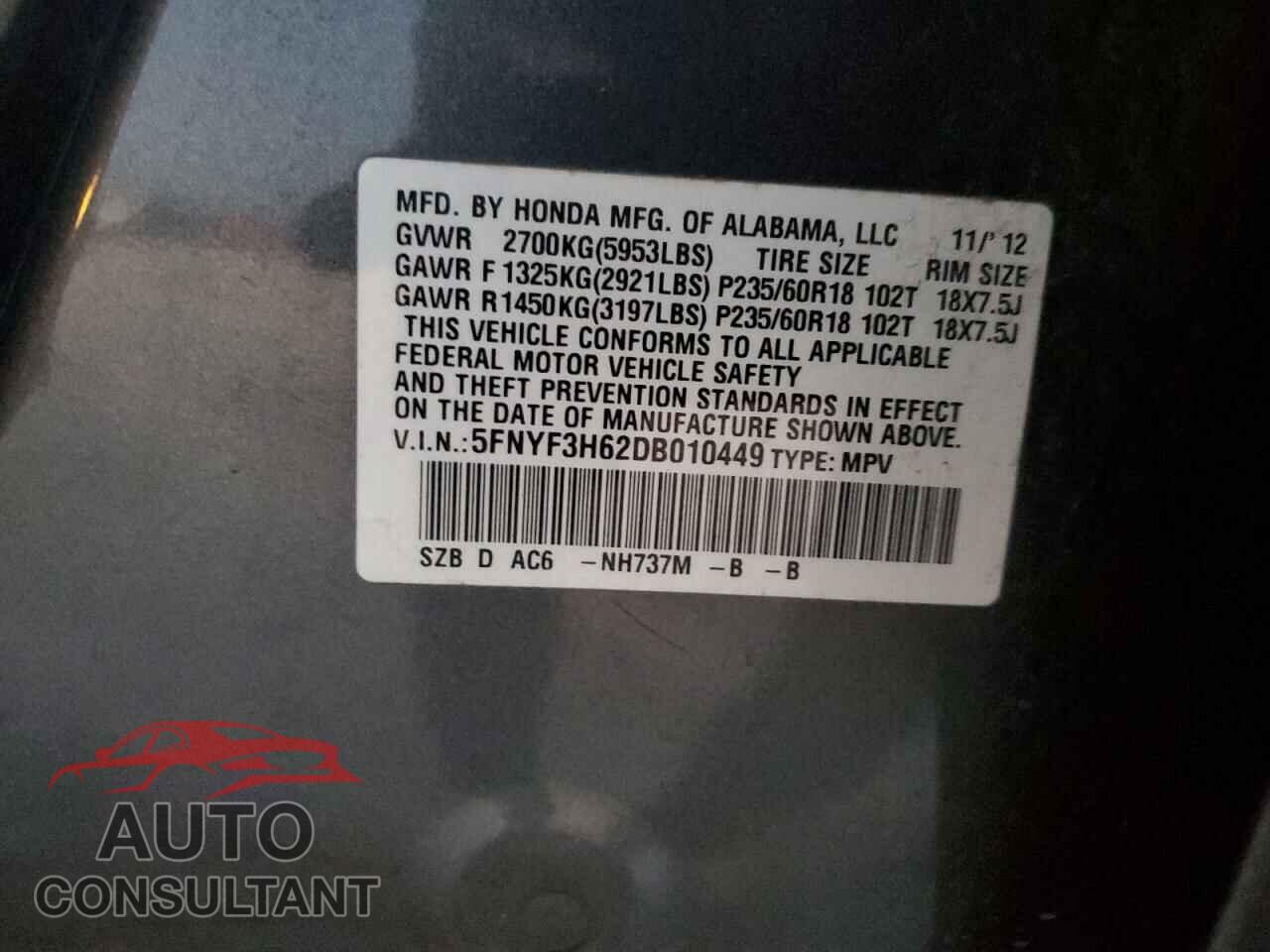 HONDA PILOT 2013 - 5FNYF3H62DB010449