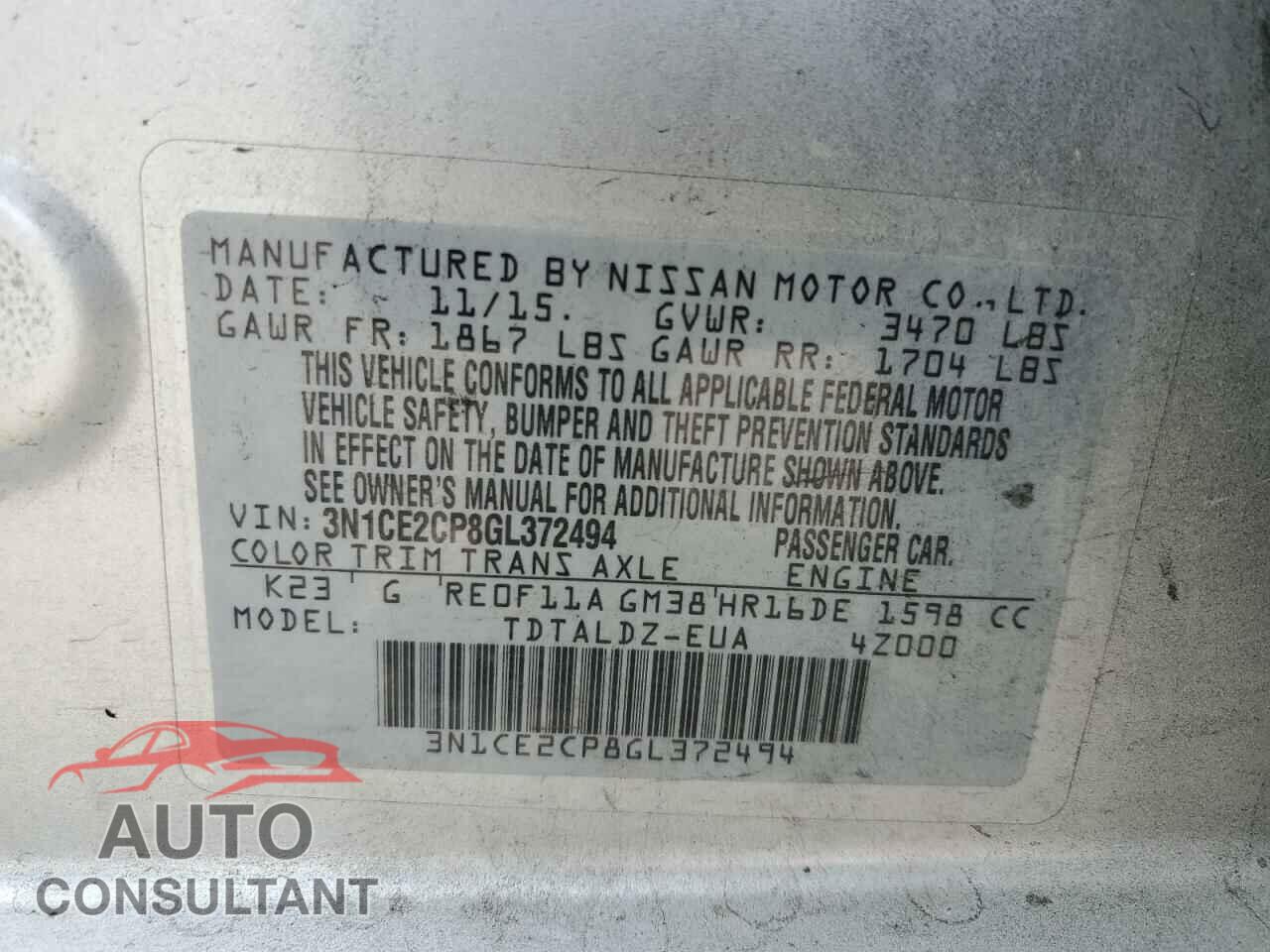 NISSAN VERSA 2016 - 3N1CE2CP8GL372494