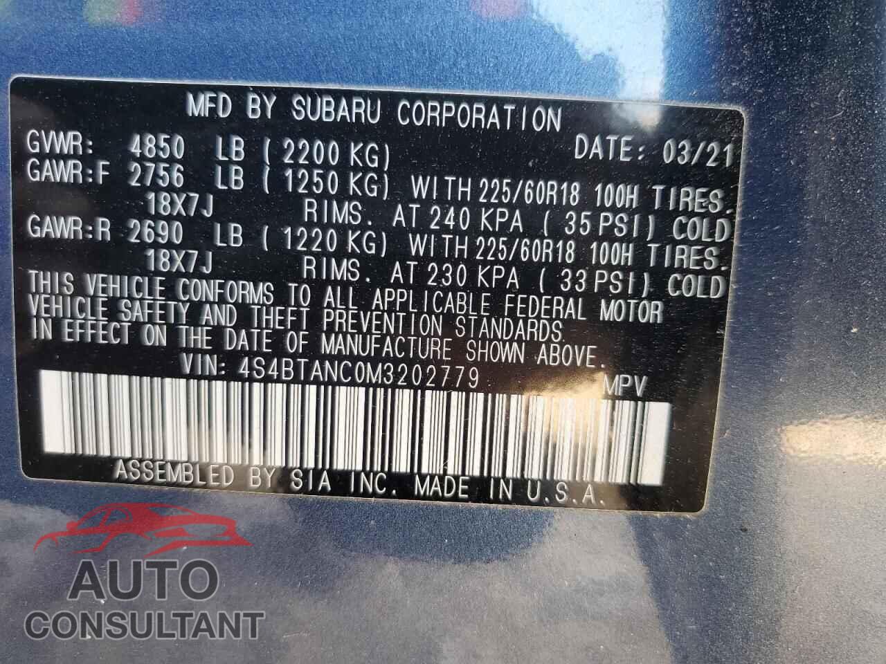 SUBARU OUTBACK 2021 - 4S4BTANC0M3202779
