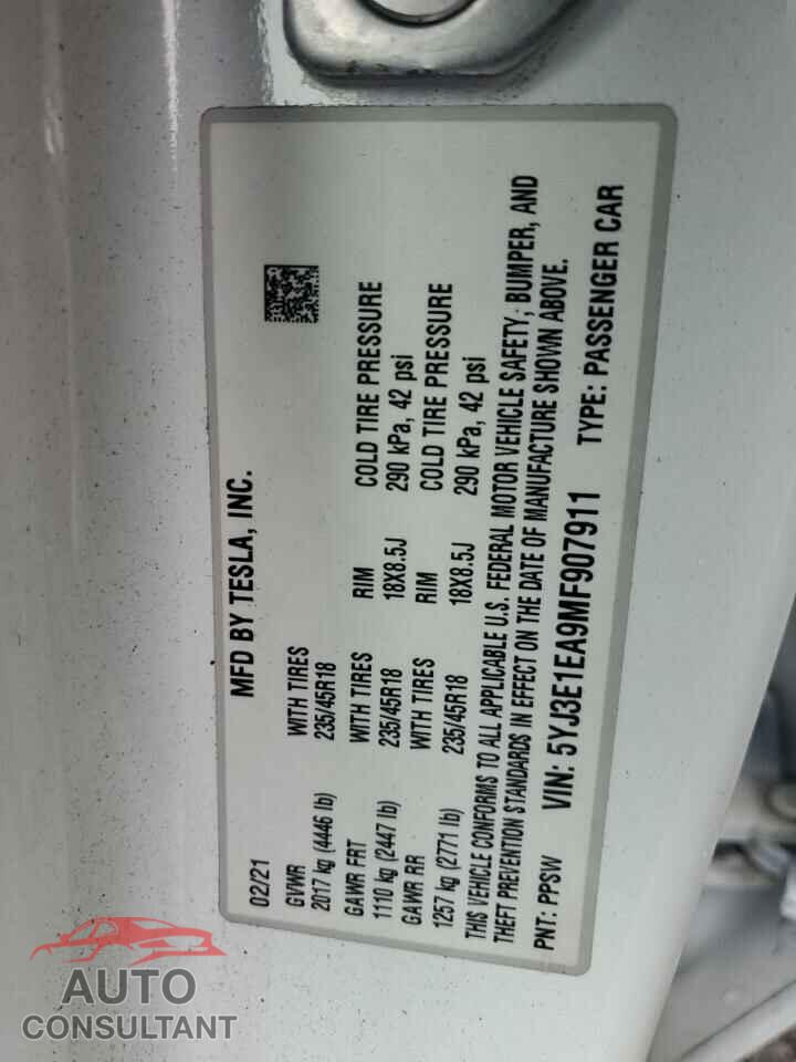 TESLA MODEL 3 2021 - 5YJ3E1EA9MF907911