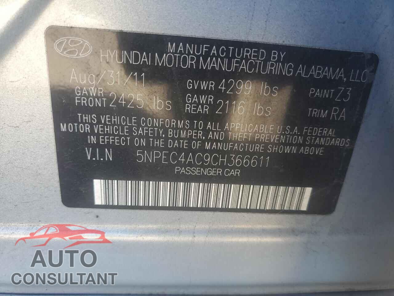 HYUNDAI SONATA 2012 - 5NPEC4AC9CH366611