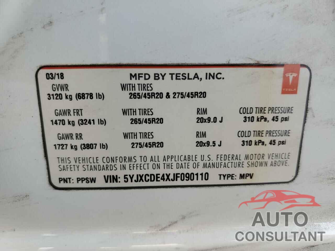TESLA MODEL X 2018 - 5YJXCDE4XJF090110