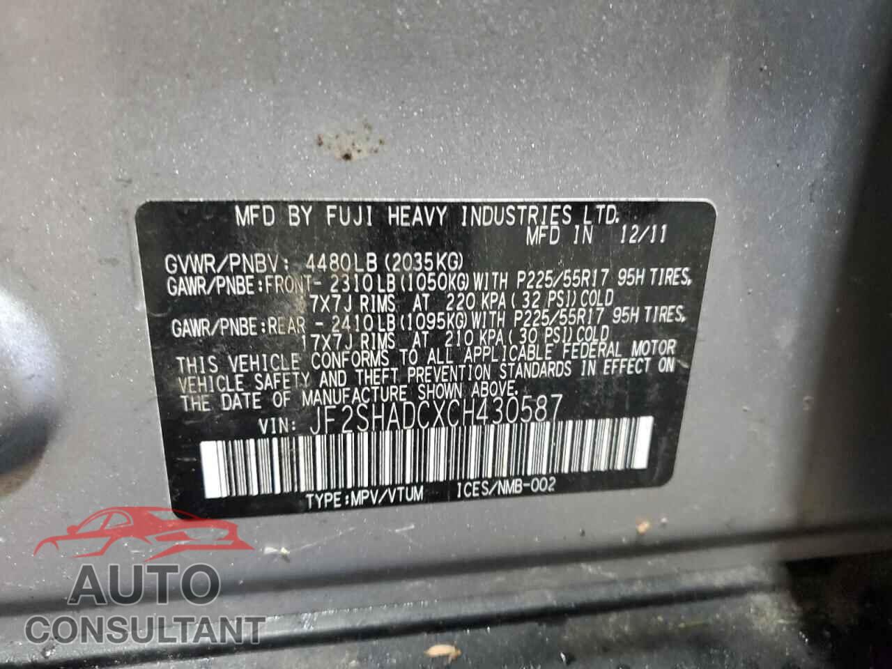 SUBARU FORESTER 2012 - JF2SHADCXCH430587