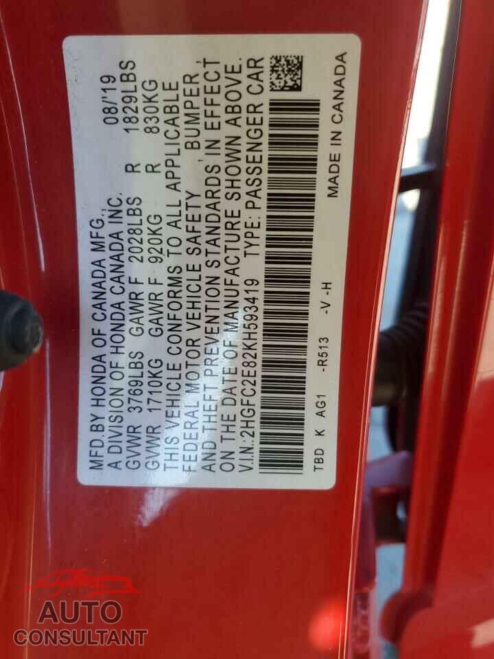 HONDA CIVIC 2019 - 2HGFC2E82KH593419