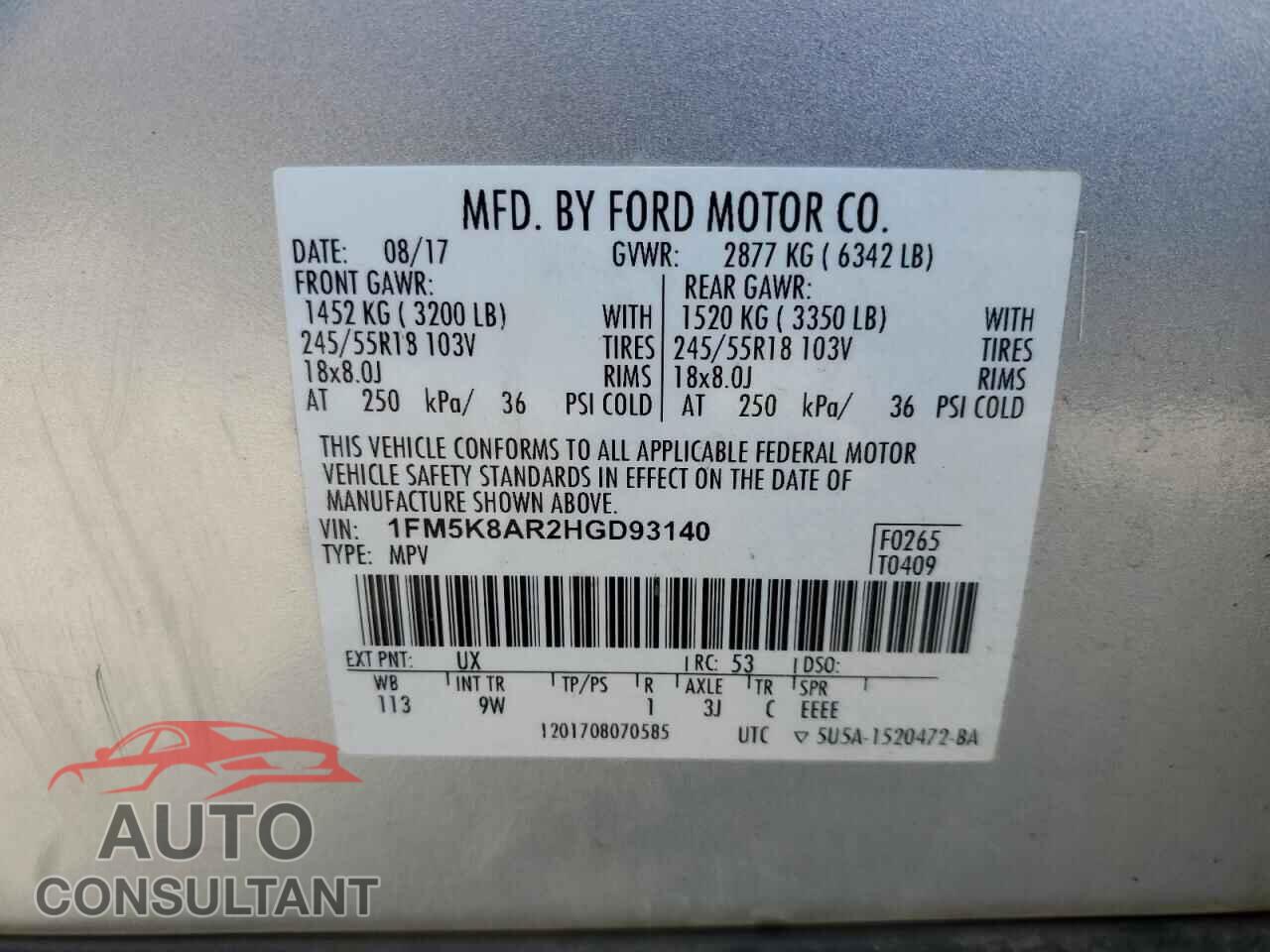 FORD EXPLORER 2017 - 1FM5K8AR2HGD93140