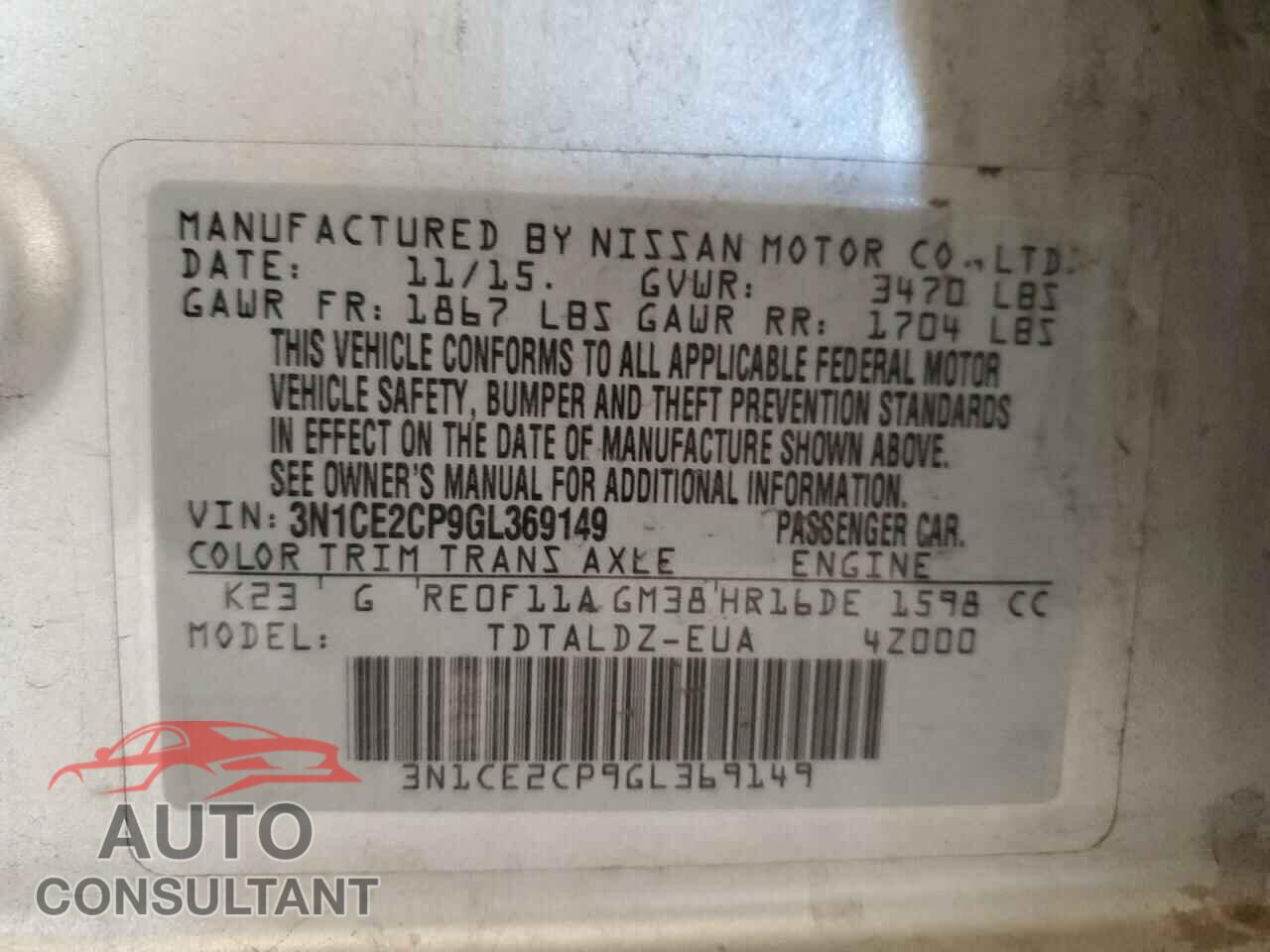NISSAN VERSA 2016 - 3N1CE2CP9GL369149