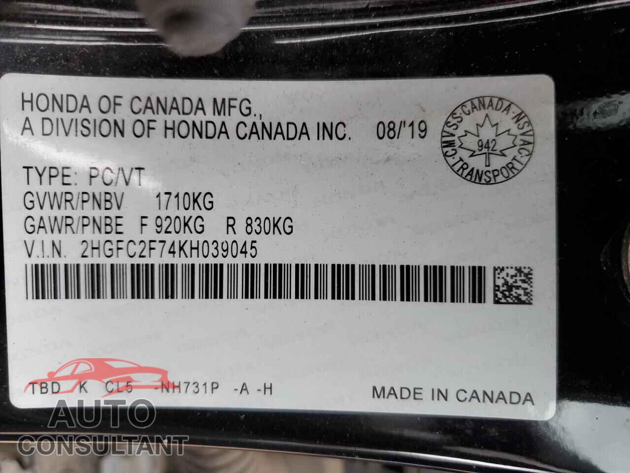 HONDA CIVIC 2019 - 2HGFC2F74KH039045