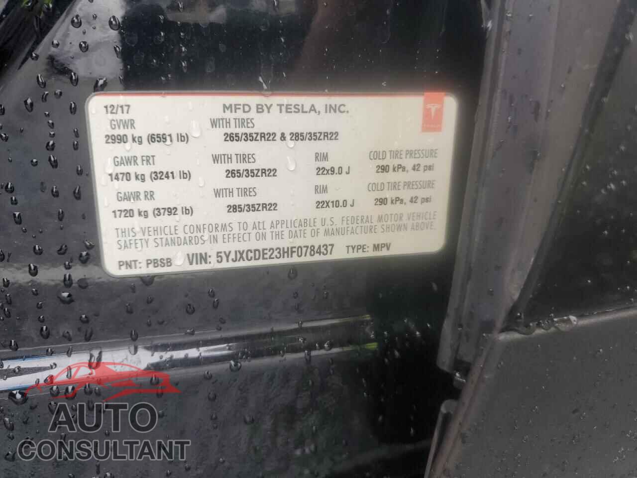 TESLA MODEL X 2017 - 5YJXCDE23HF078437